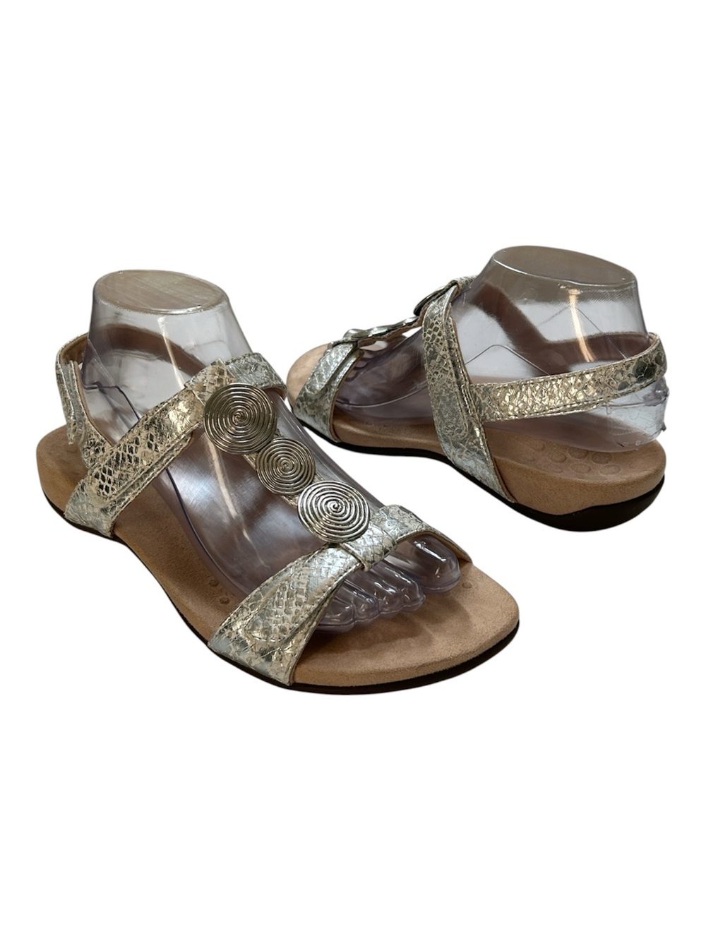 Vionic Size 7 Silver Metallic Snake-Print Comfort Sandals with medallions.